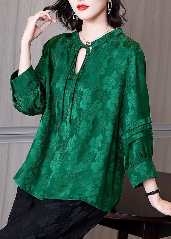 Women Green Lace Up Jacquard Patchwork Silk Shirt Tops Fall