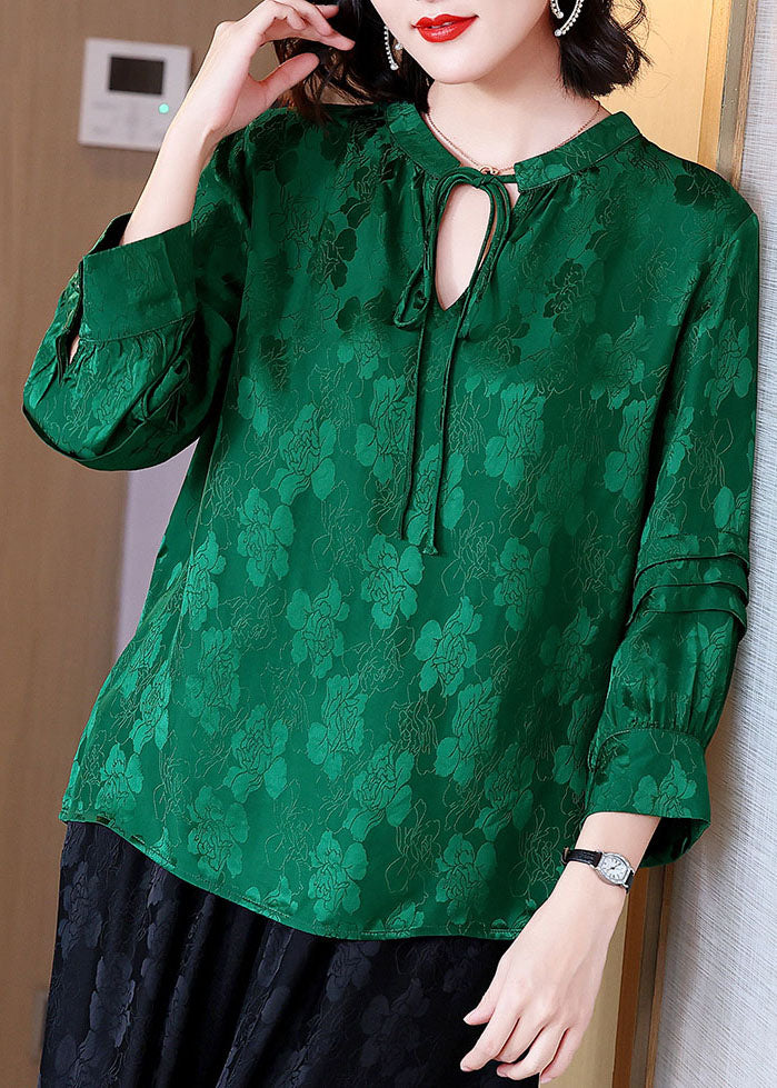 Women Green Lace Up Jacquard Patchwork Silk Shirt Tops Fall