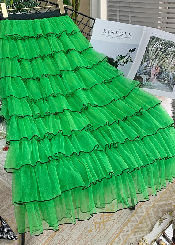 Women Green Layered Design Ruffled Tulle Skirts Summer