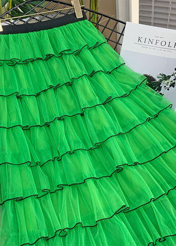 Women Green Layered Design Ruffled Tulle Skirts Summer