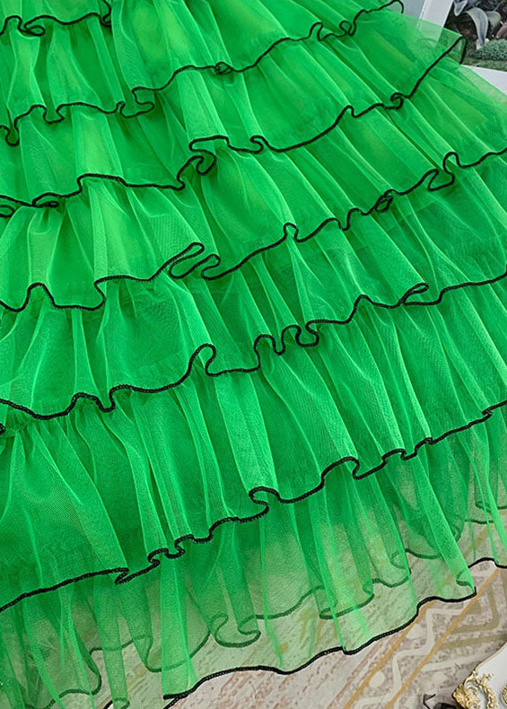 Women Green Layered Design Ruffled Tulle Skirts Summer