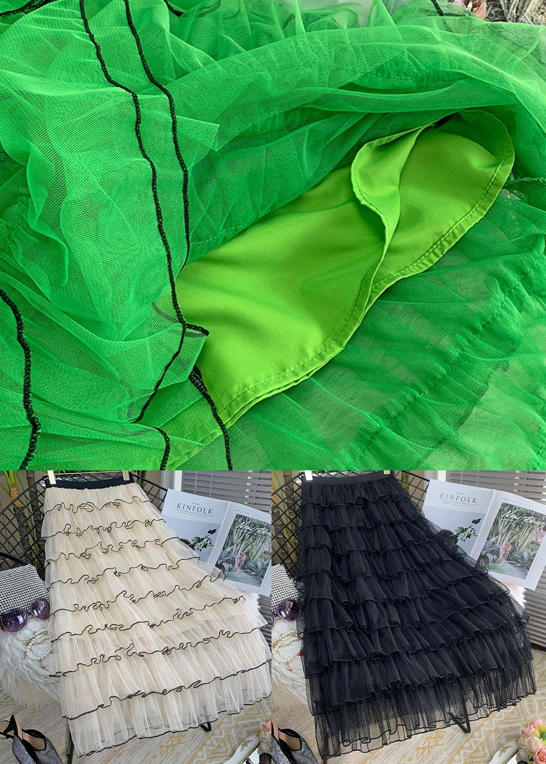 Women Green Layered Design Ruffled Tulle Skirts Summer