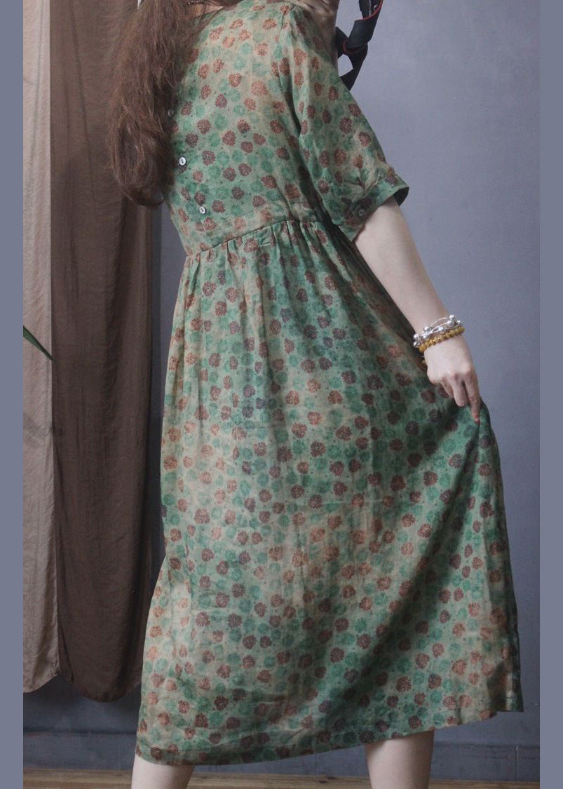Women Green O-Neck Cinched Print Linen Long Dress Summer
