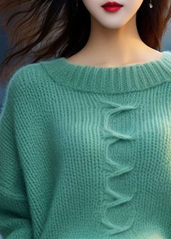 Women Green O Neck Cozy Cotton Knit Sweaters Long Sleeve