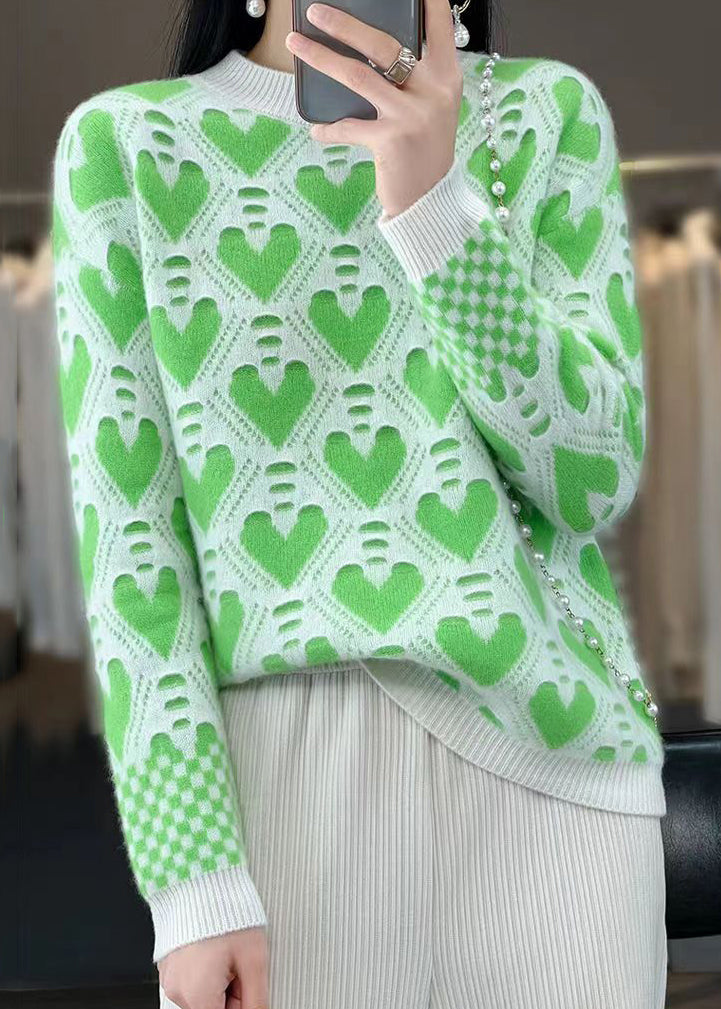 Women Green O Neck Patchwork Cashmere Knit Top Long Sleeve