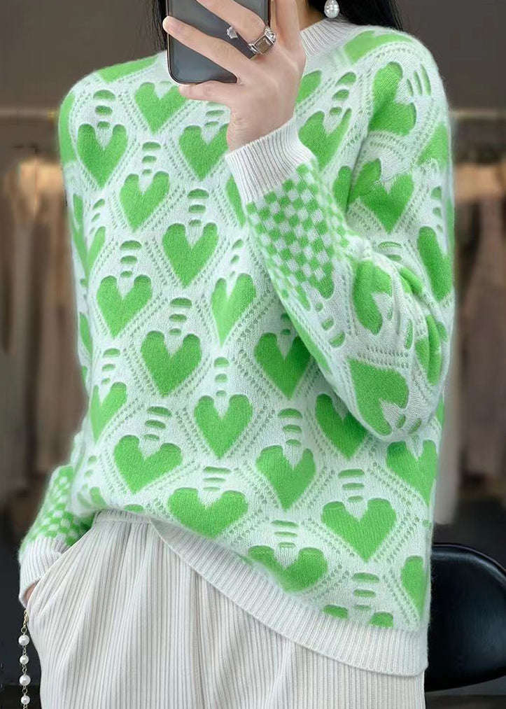 Women Green O Neck Patchwork Cashmere Knit Top Long Sleeve