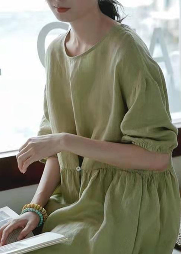 Women Green O-Neck Wrinkled Linen A Line Dress Half Sleeve