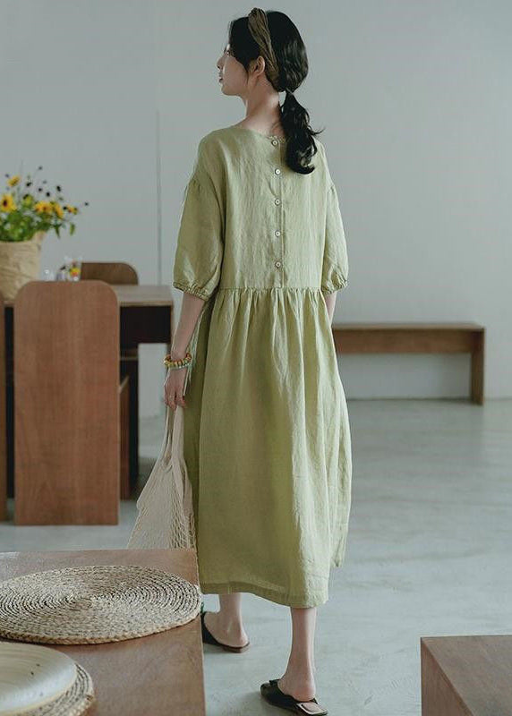 Women Green O-Neck Wrinkled Linen A Line Dress Half Sleeve