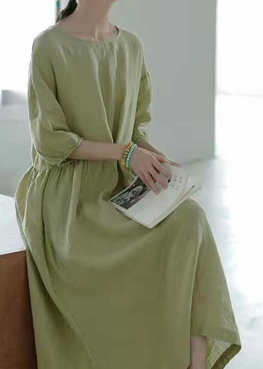 Women Green O-Neck Wrinkled Linen A Line Dress Half Sleeve