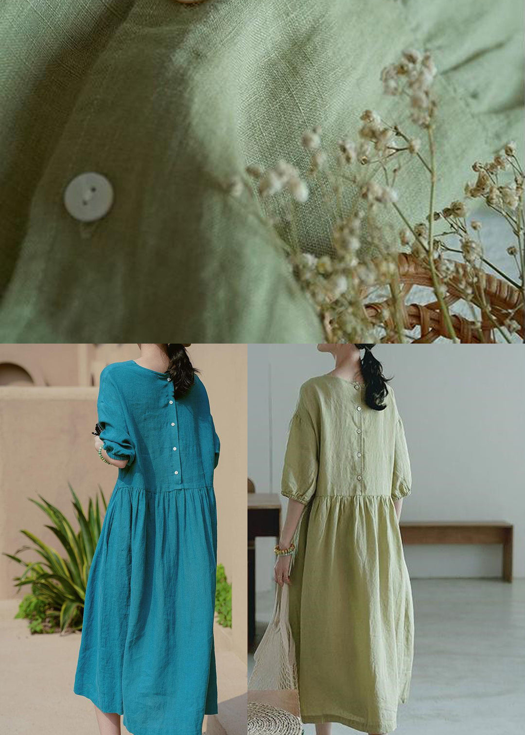 Women Green O-Neck Wrinkled Linen A Line Dress Half Sleeve