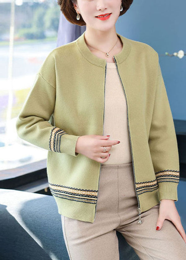 Women Green O-Neck Zip Up Woolen Jackets Long Sleeve