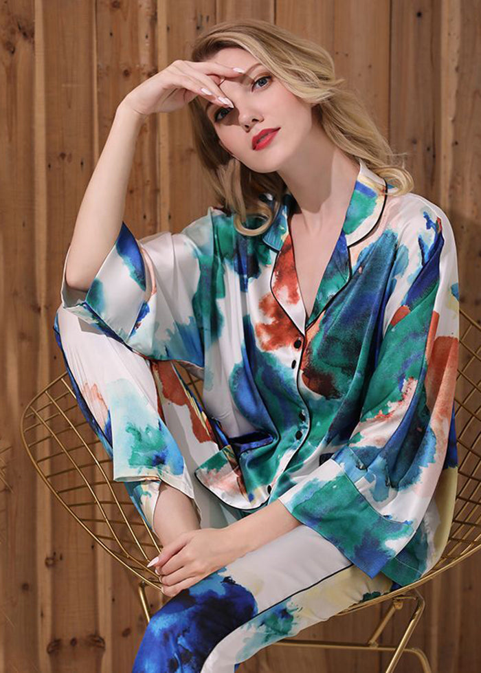 Women Green Oversized Tie Dye Ice Silk Pajamas Two Pieces Set Summer