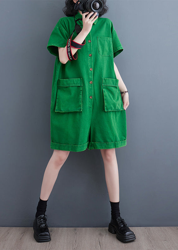 Women Green Peter Pan Collar Button Solid Denim Jumpsuit Summer