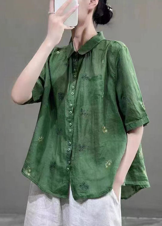Women Green Peter Pan Collar Embroideried Patchwork Cotton Shirts Top Summer