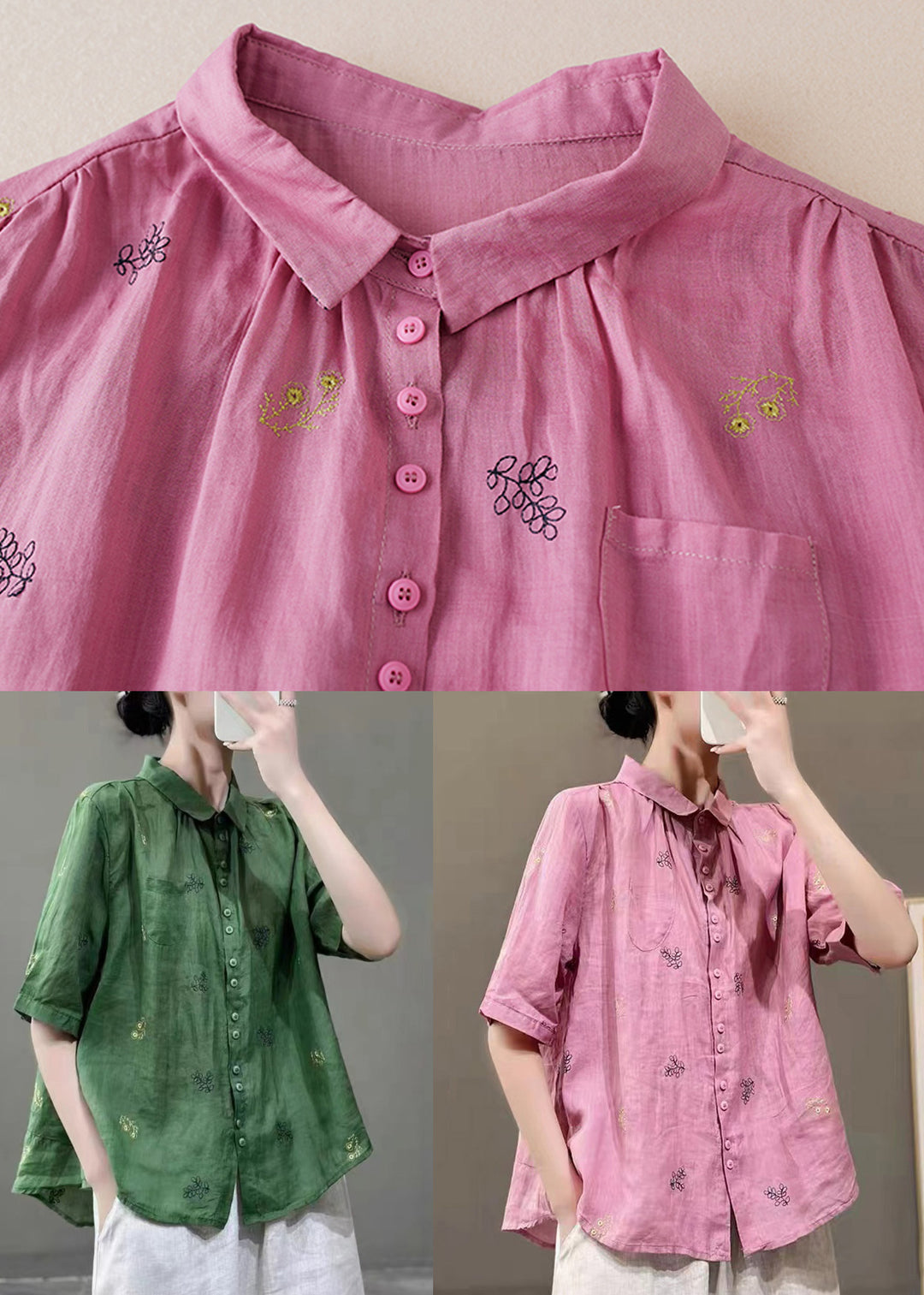 Women Green Peter Pan Collar Embroideried Patchwork Cotton Shirts Top Summer