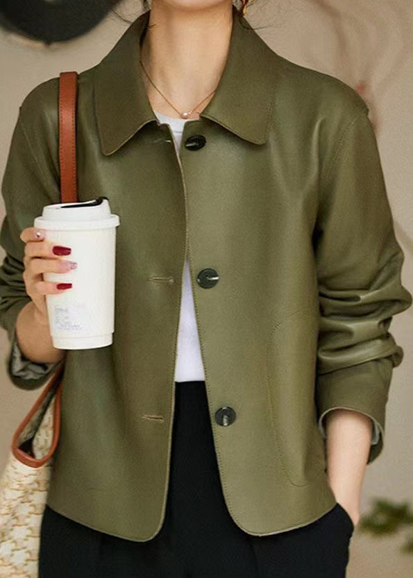 Women Green Peter Pan Collar Pockets Patchwork Sheepskin Coats Fall