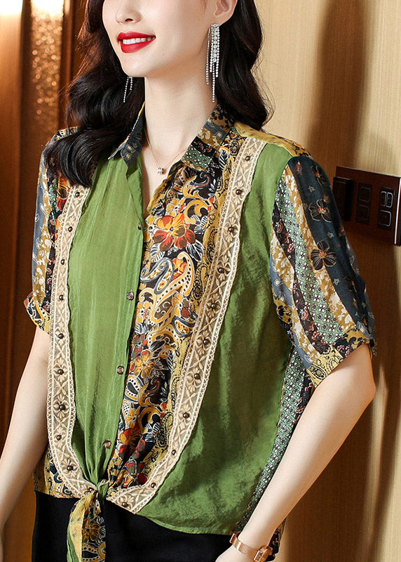 Women Green Peter Pan Collar Print Button Silk Top Short Sleeve