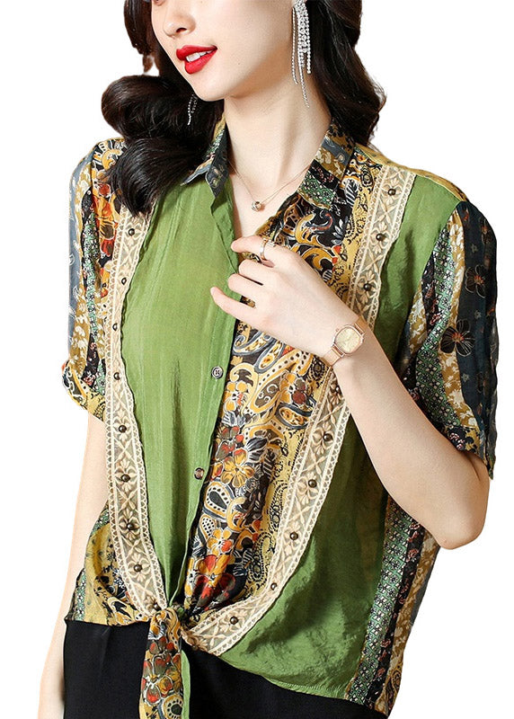 Women Green Peter Pan Collar Print Button Silk Top Short Sleeve