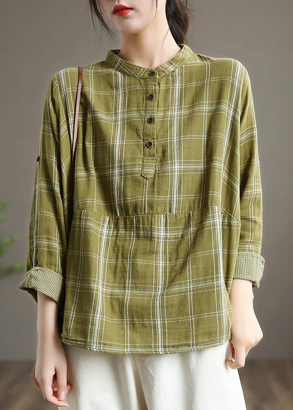 Women Green Stand Collar Art Spring Shirt Plaid Clothes For Women - Omychic