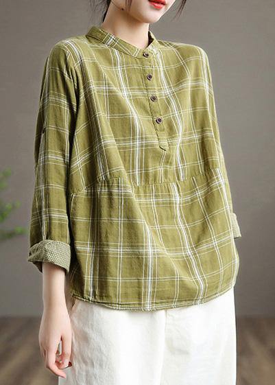 Women Green Stand Collar Art Spring Shirt Plaid Clothes For Women - Omychic