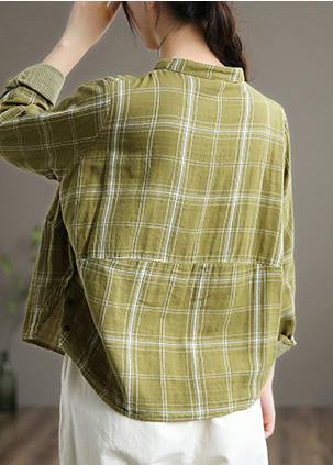 Women Green Stand Collar Art Spring Shirt Plaid Clothes For Women - Omychic