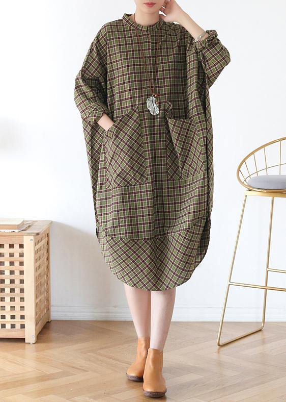 Women Green Plaid Long Shirt Mid Spring Cotton Dress - Omychic