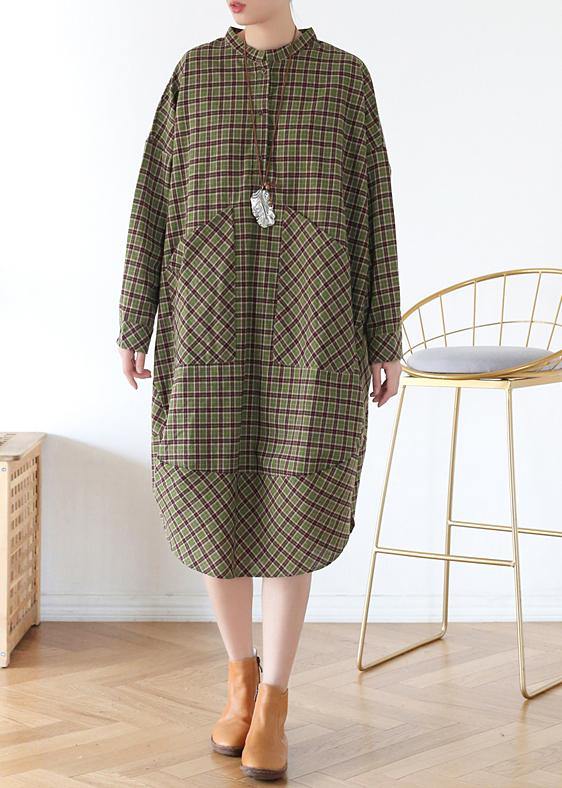 Women Green Plaid Long Shirt Mid Spring Cotton Dress - Omychic