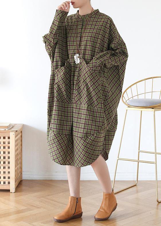 Women Green Plaid Long Shirt Mid Spring Cotton Dress - Omychic