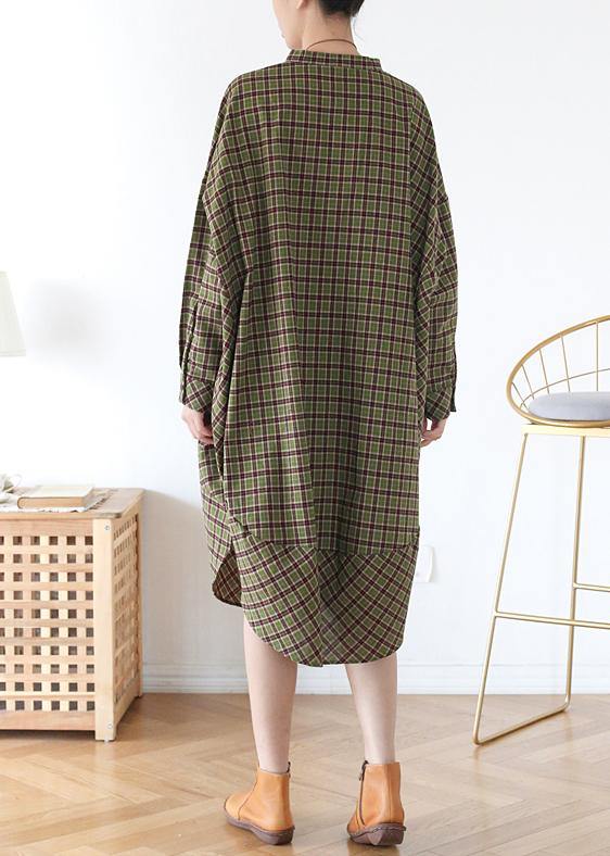 Women Green Plaid Long Shirt Mid Spring Cotton Dress - Omychic