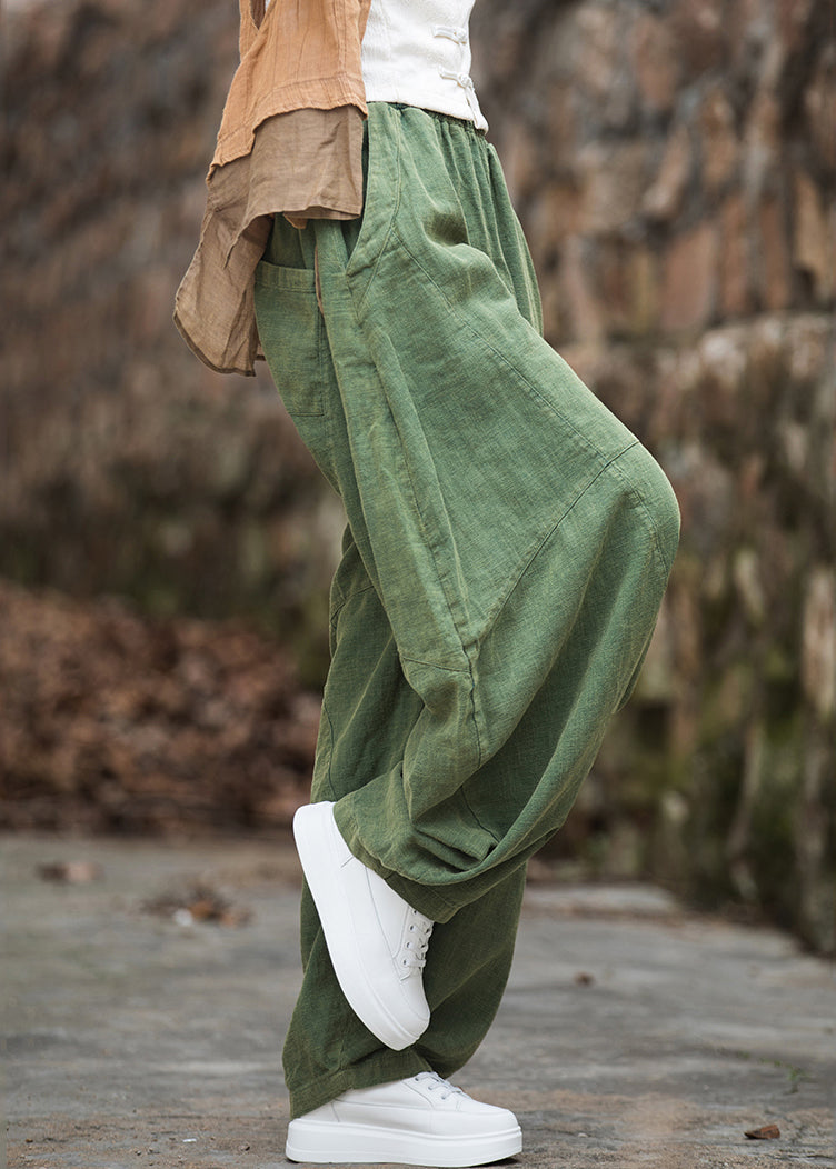 Women Green Pockets Elastic Waist Patchwork Linen Pants Fall