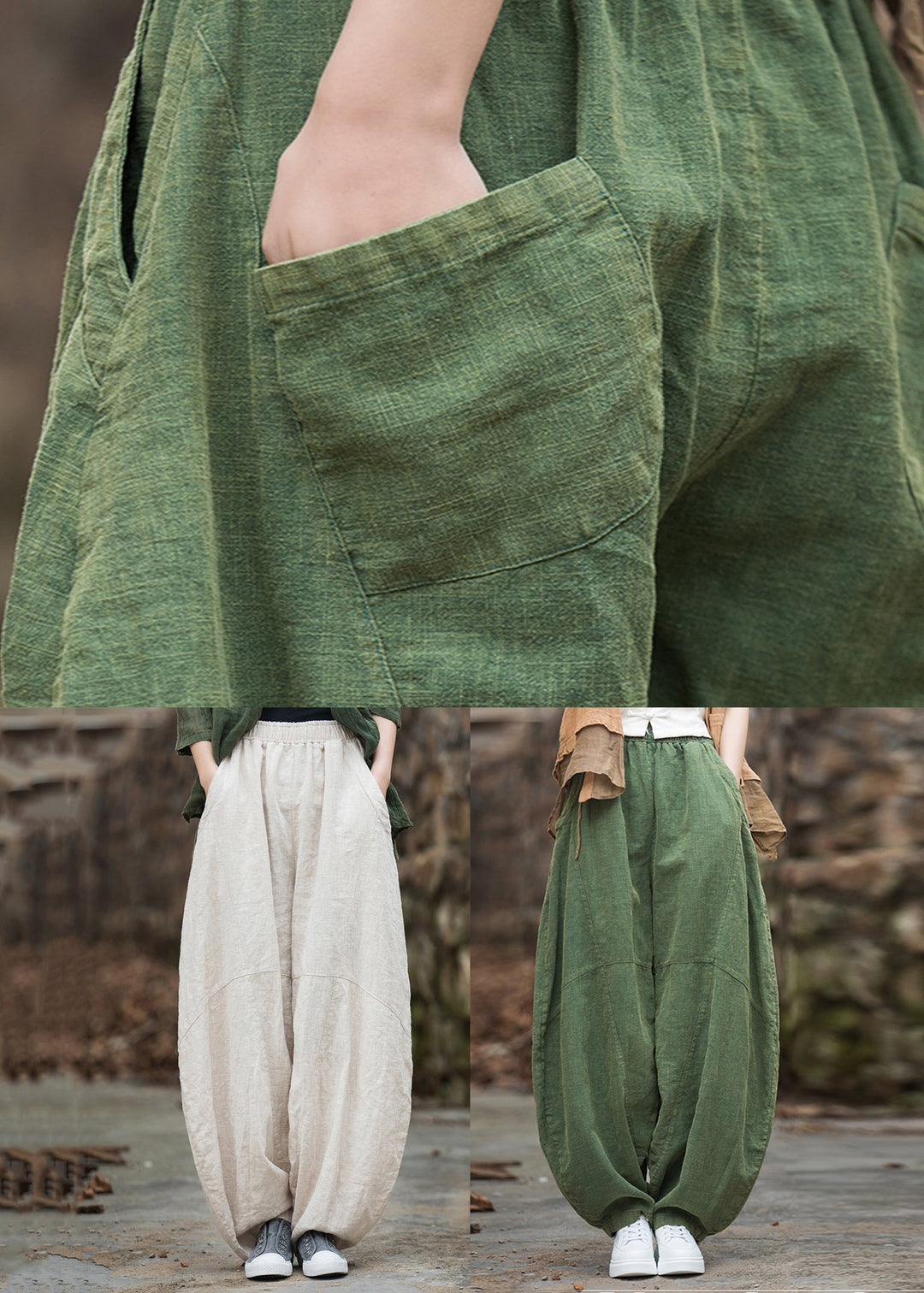 Women Green Pockets Elastic Waist Patchwork Linen Pants Fall