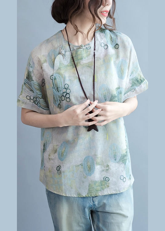 Women Green Print Linen Blouse Tops Short Sleeve