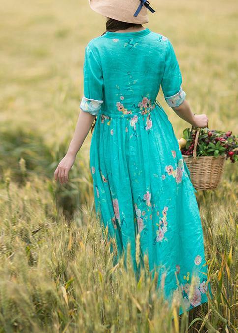 Women Green Print Robes Patchwork Drawstring Robe Spring Dress - Omychic