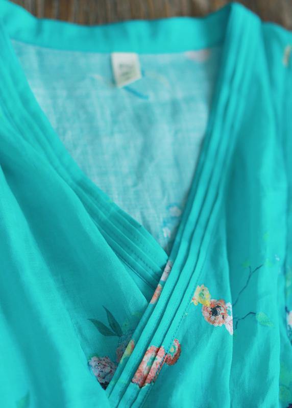 Women Green Print Robes Patchwork Drawstring Robe Spring Dress - Omychic