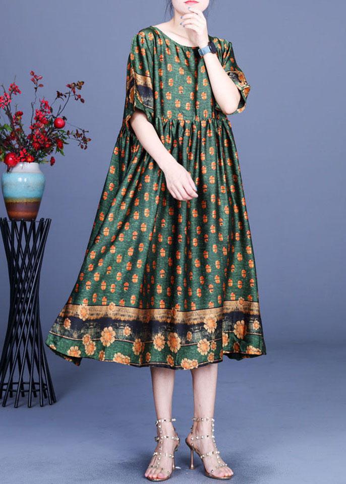 Women Green Print Silk Cinched Dress Summer - Omychic