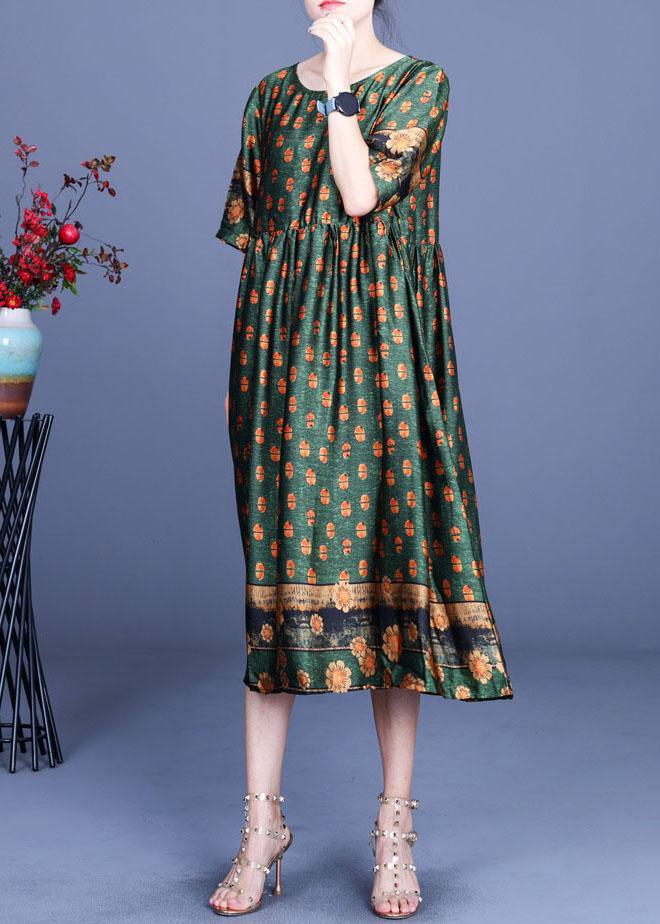 Women Green Print Silk Cinched Dress Summer - Omychic