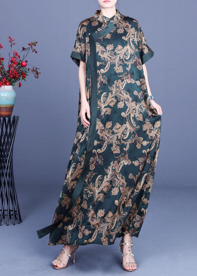 Women Green Print Silk Oriental Vacation Dresses Summer - Omychic