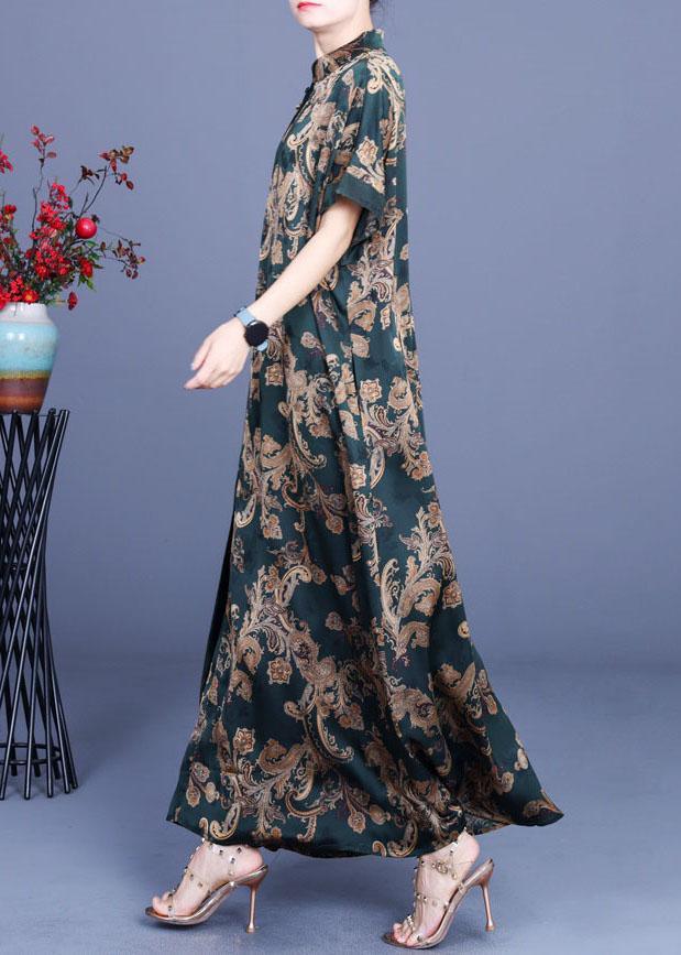 Women Green Print Silk Oriental Vacation Dresses Summer - Omychic