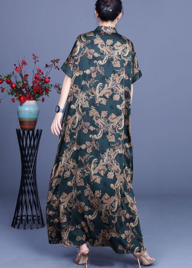 Women Green Print Silk Oriental Vacation Dresses Summer - Omychic