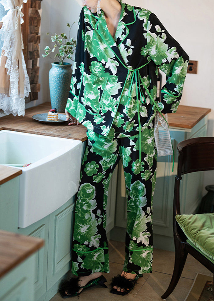 Women Green Print Tie Waist Pocket Ice Silk Pajamas Two Pieces Set Spring