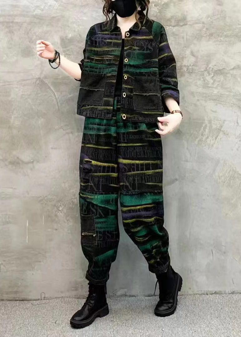 Women Green Print Tops And Pants Denim Two Piece Set Fall