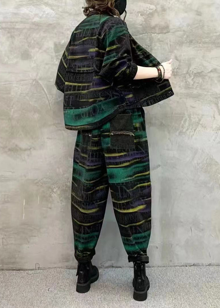 Women Green Print Tops And Pants Denim Two Piece Set Fall