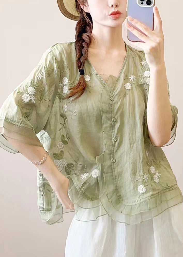 Women Green Ruffled Embroideried Patchwork Linen Blouse Top Summer