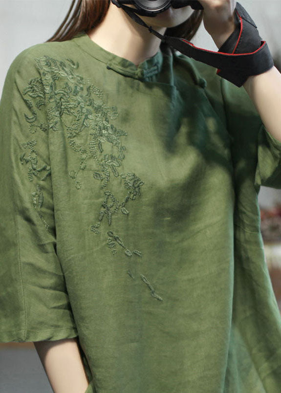Women Green Stand Collar Embroideried Linen Tops Half Sleeve