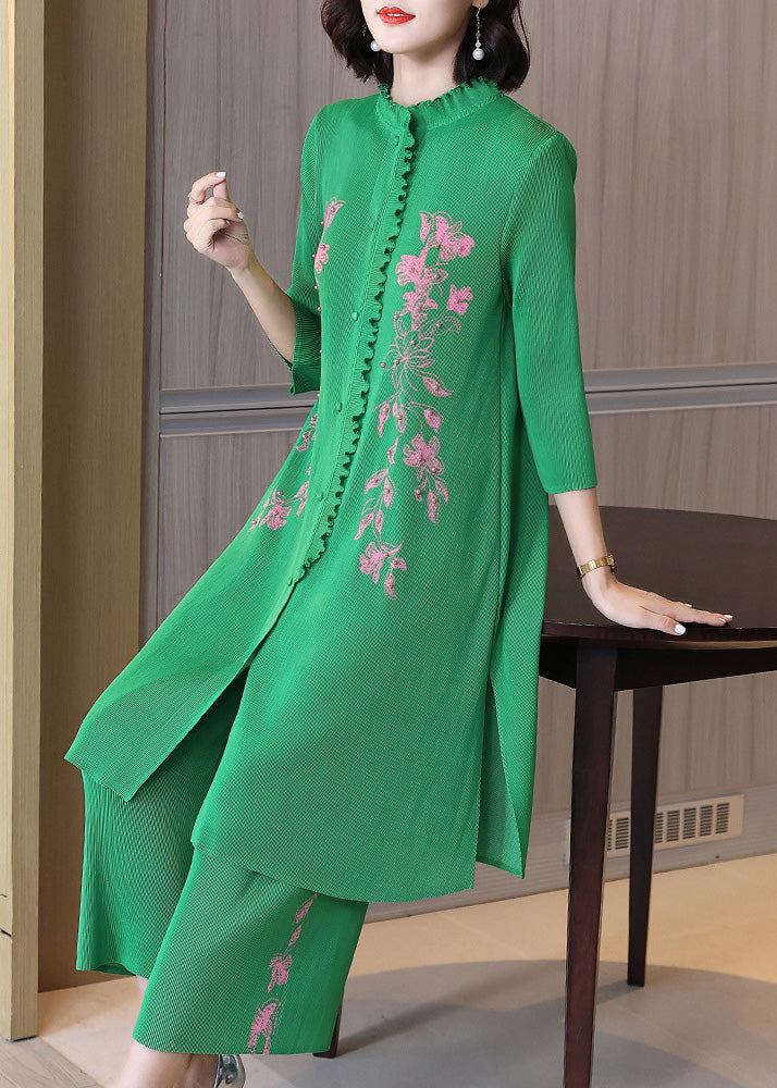 Women Green Stand Collar Print Nail Bead Long Shirts And Wide Leg Pants Two Piece Set Spring