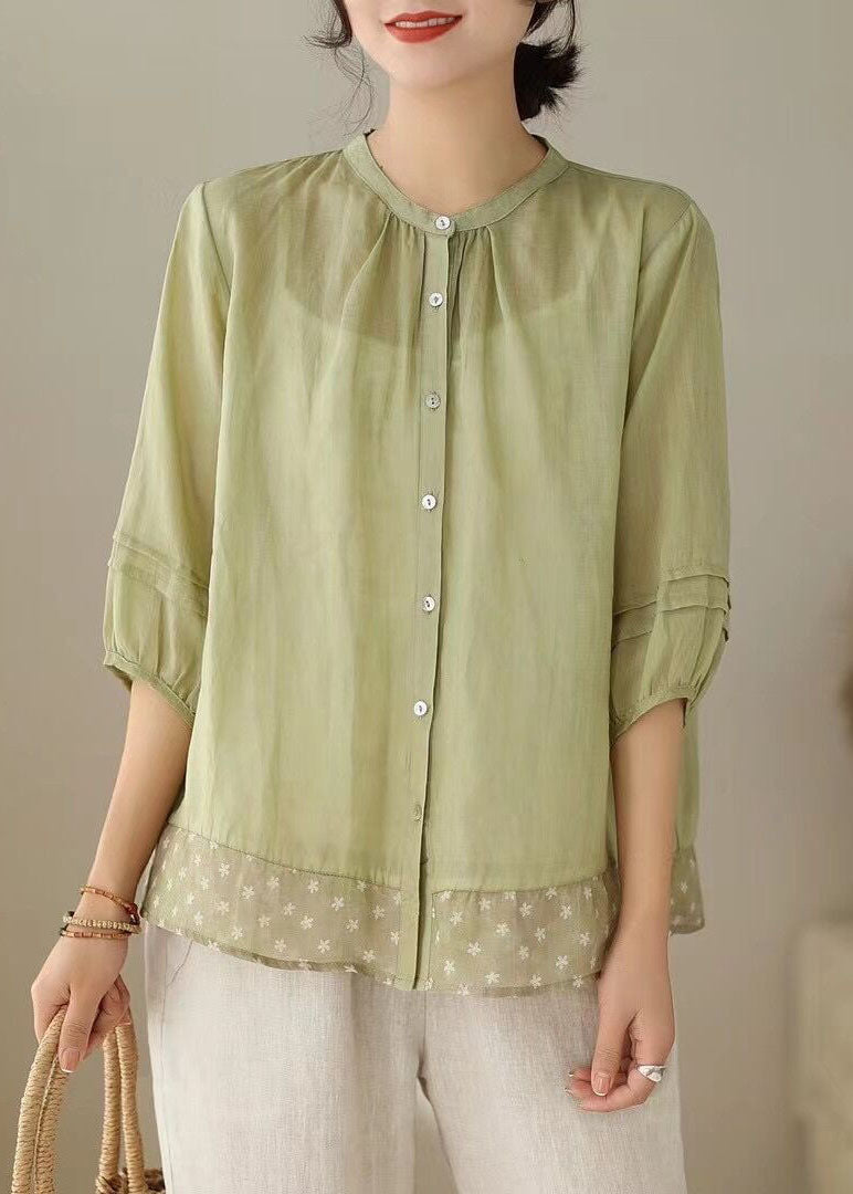 Women Green Stand Collar Print Patchwork Linen Shirt Tops Summer