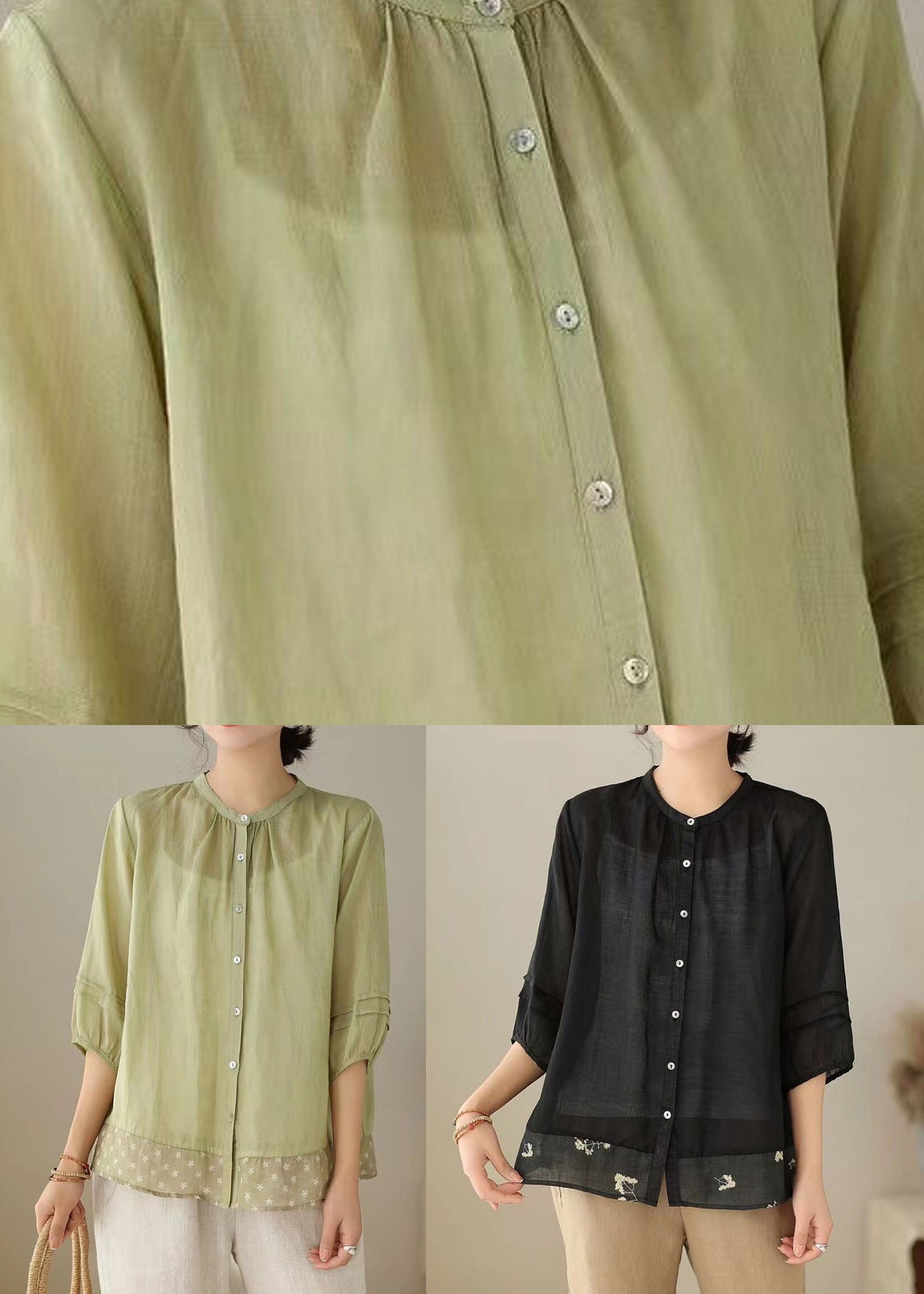 Women Green Stand Collar Print Patchwork Linen Shirt Tops Summer
