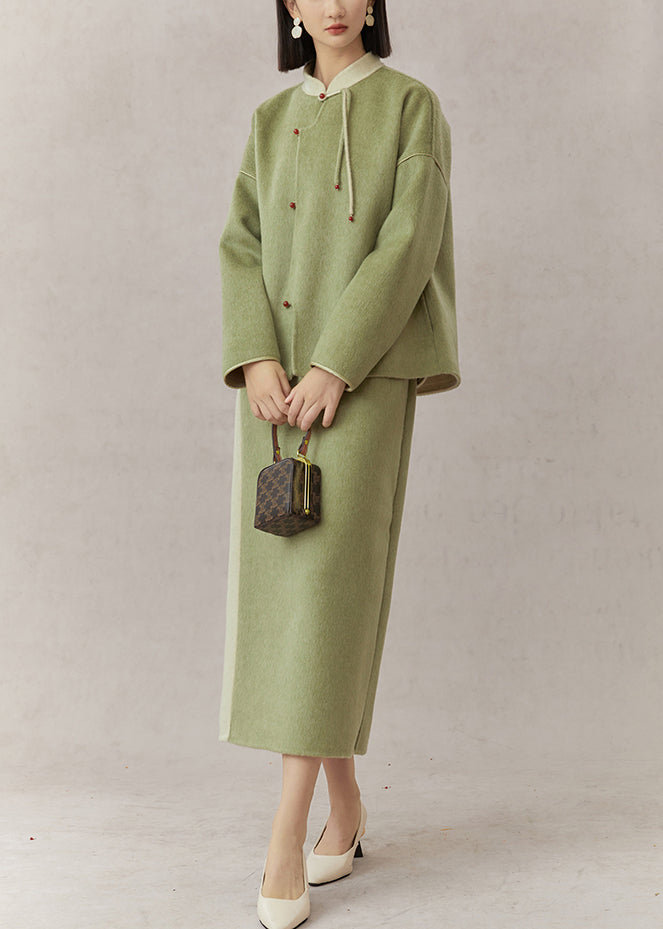 Women Green Stand Collar Tasseled Patchwork Woolen Two Pieces Set Fall