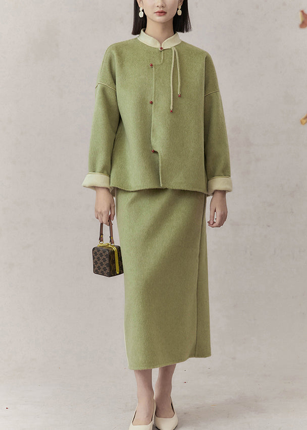 Women Green Stand Collar Tasseled Patchwork Woolen Two Pieces Set Fall