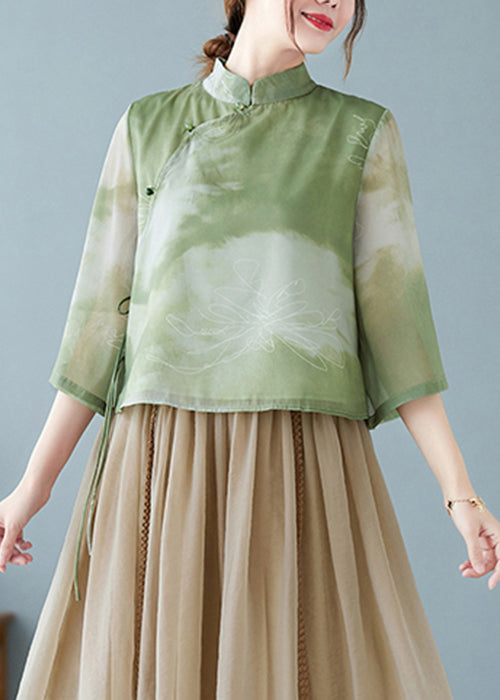 Women Green Stand Collar Tie Dye Silk Blouses Summer